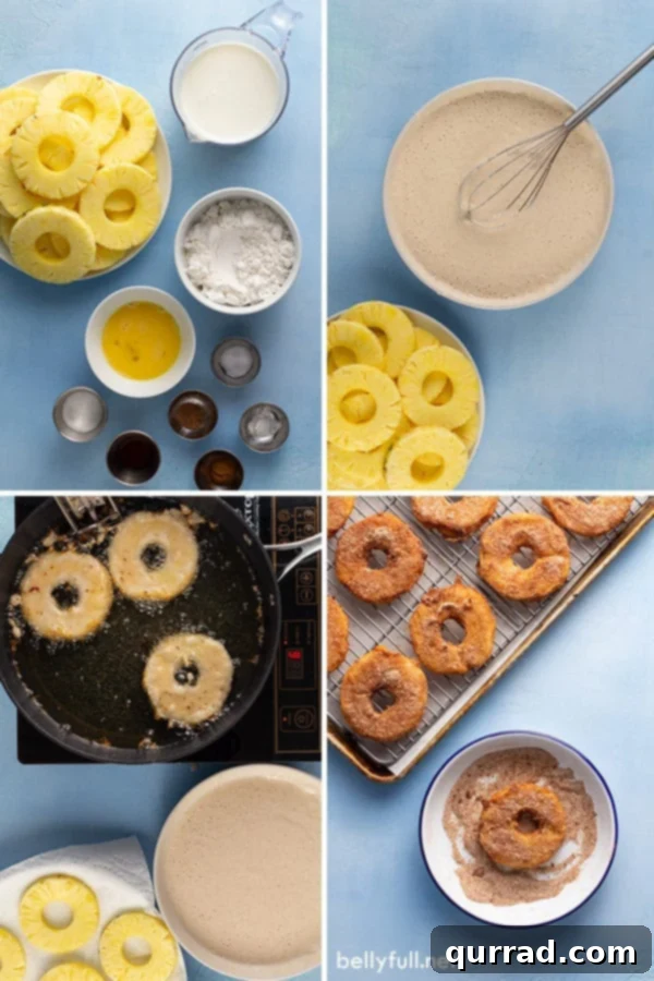 Tropical Golden Fritter Rings 3 A four-picture collage showing the main ingredients for pineapple fritter rings: fresh pineapple, flour and spices, egg and buttermilk, and vegetable oil.