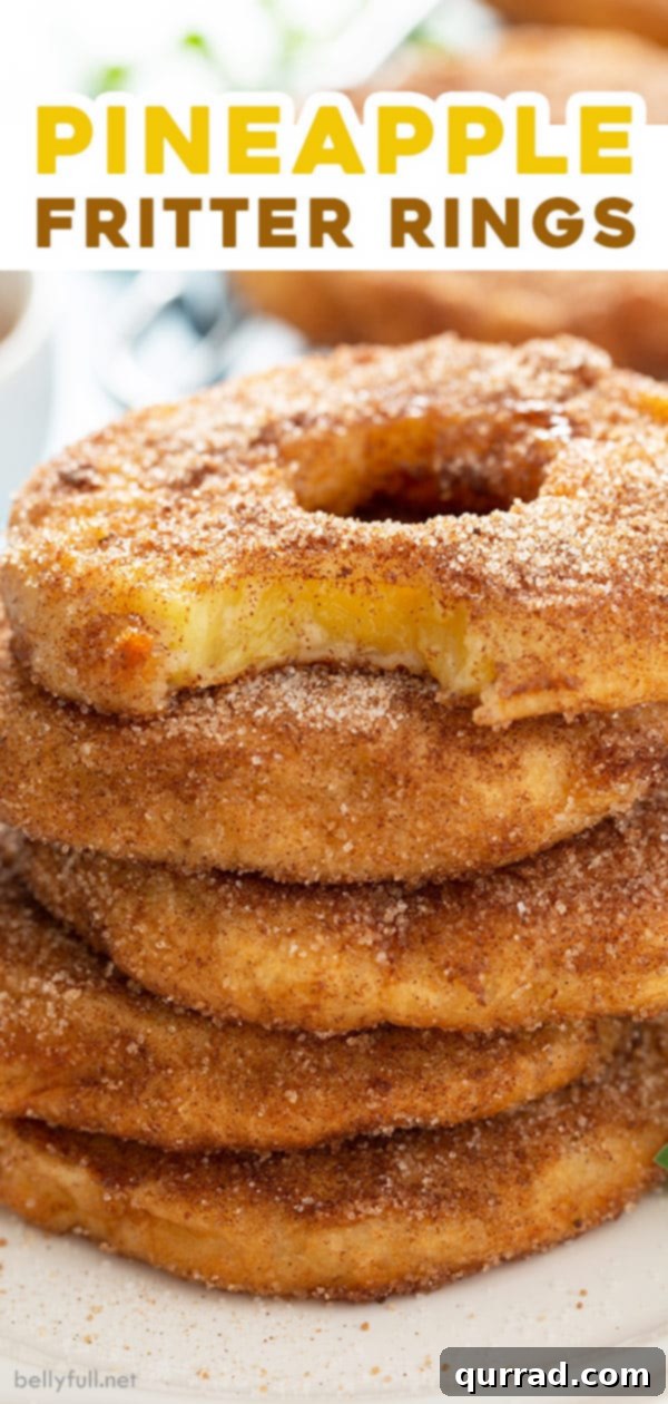 Tropical Golden Fritter Rings 7 Pinterest pin graphic for Pineapple Fritter Rings, showing several fritters and text.