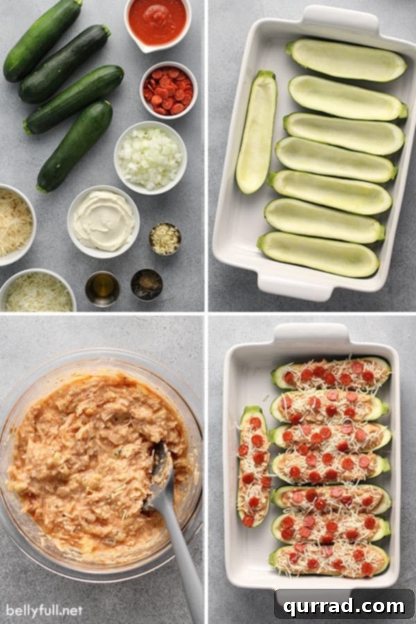 Pizza-Loaded Zucchini Boats 3 4 picture collage of ingredients for pizza zucchini boats