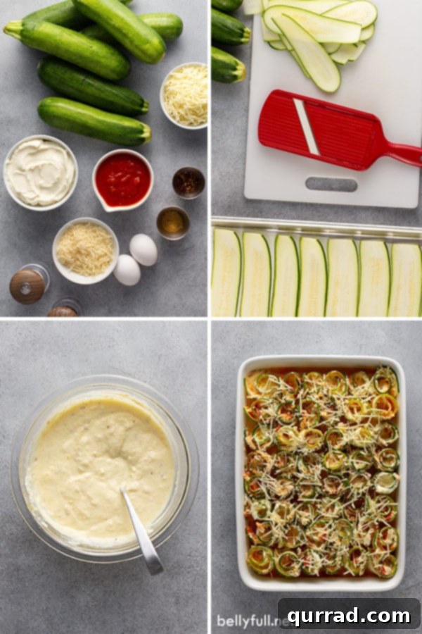 A four-picture collage showcasing the fresh ingredients required for Zucchini Lasagna Rolls: vibrant zucchini, a block of ricotta cheese, a bowl of shredded mozzarella, and a jar of rich marinara sauce.