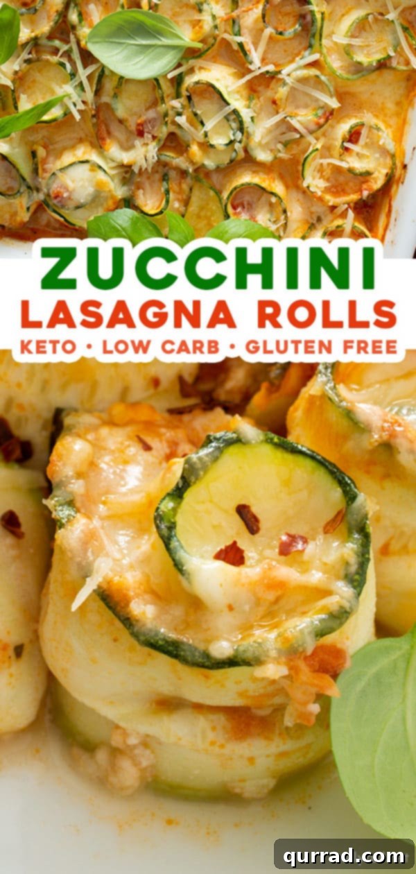 Two enticing images for a Pinterest pin: one showing the baked zucchini lasagna rolls in a casserole dish, and the other a close-up on a plate, both highlighting the healthy and delicious aspect of the dish.