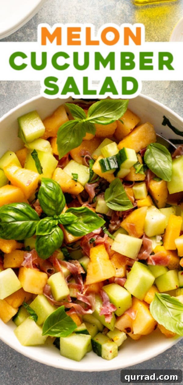 Pin graphic for Melon Cucumber Salad, showcasing its fresh ingredients and inviting appeal.