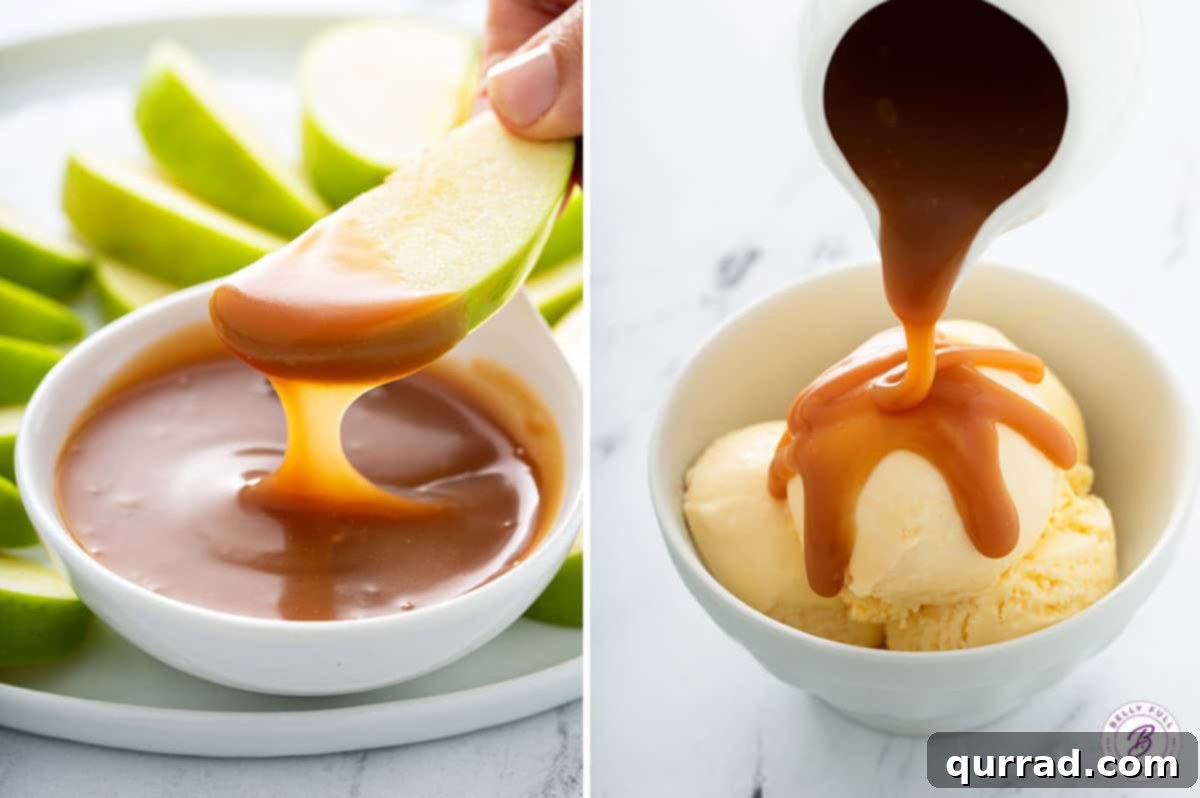 Golden Caramel Delight 4 Homemade caramel sauce generously drizzled over apple slices and a scoop of vanilla ice cream, creating a delightful dessert.
