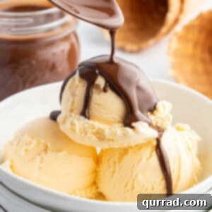 Chocolate Crackle Topping 6 Spoon pouring Chocolate Magic Shell on top of vanilla ice cream