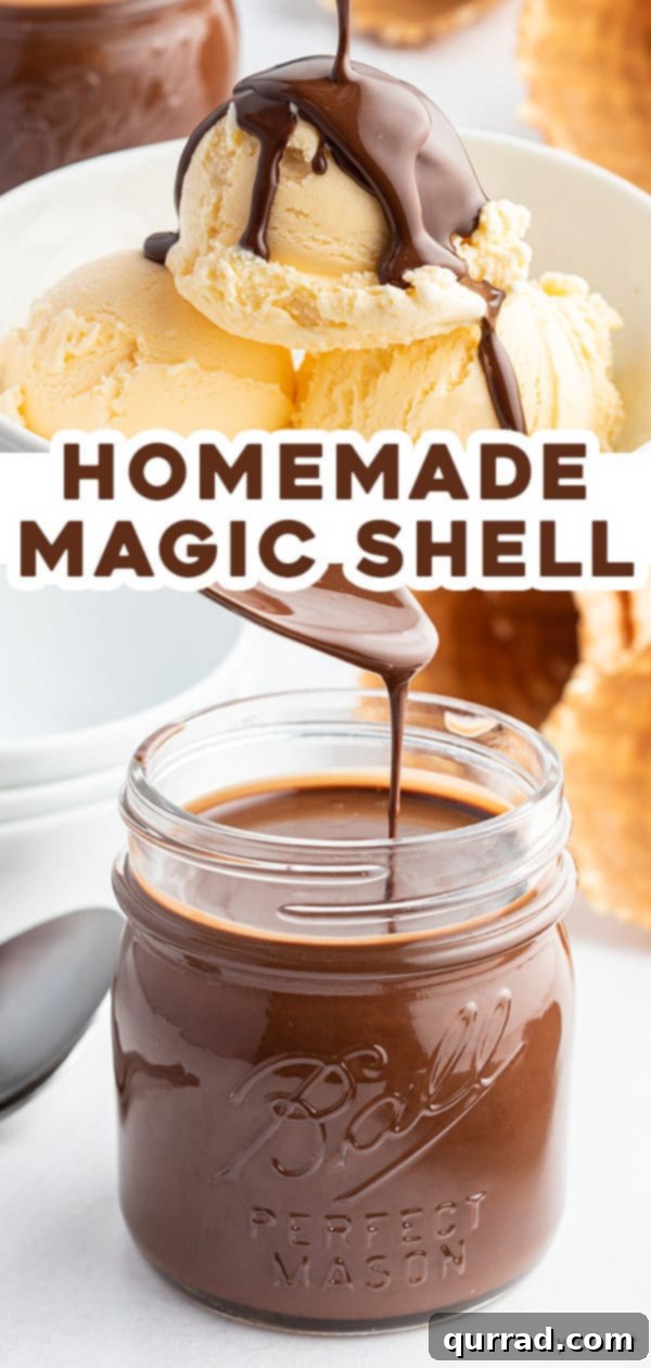 Chocolate Crackle Topping 7 Pin for Homemade Chocolate Magic Shell recipe, showing ice cream with cracked chocolate topping and ingredients.