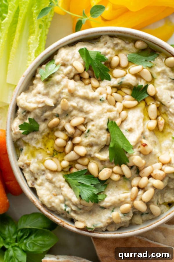 overhead of baba ganoush in dish with toasted pine nuts