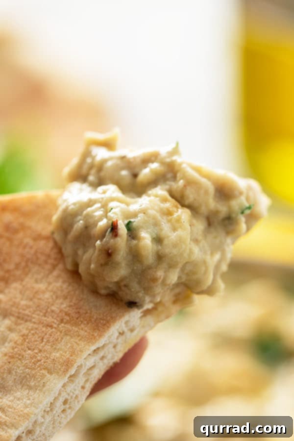 close up dollop of baba ganoush on pita wedge