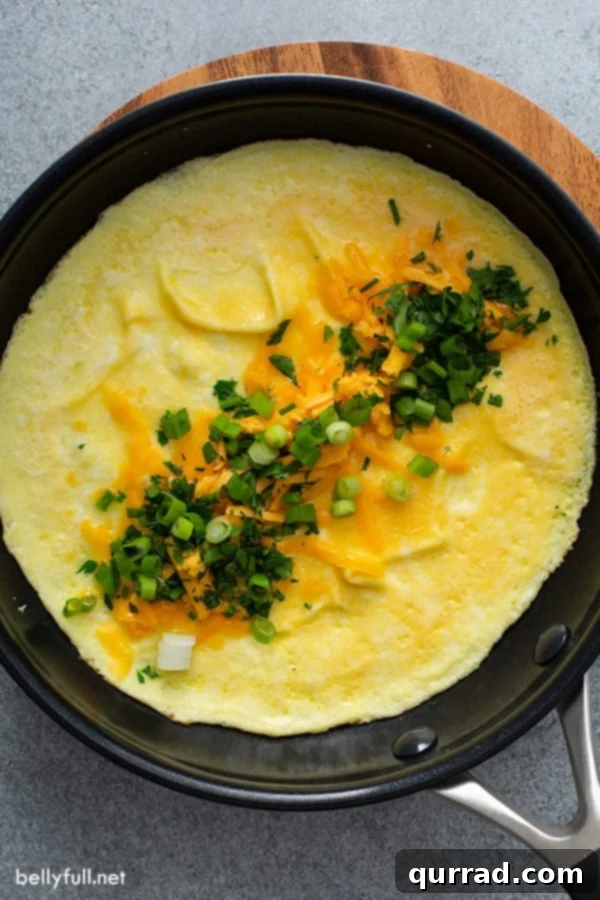 How to Make a Fluffy Cheese Omelette 3 Overhead view of an omelette in a nonstick pan, filled with melted cheese and fresh herbs, pre-folding.