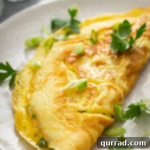 How to Make a Fluffy Cheese Omelette 6 Glistening omelette on white plate sprinkled with fresh chopped herbs