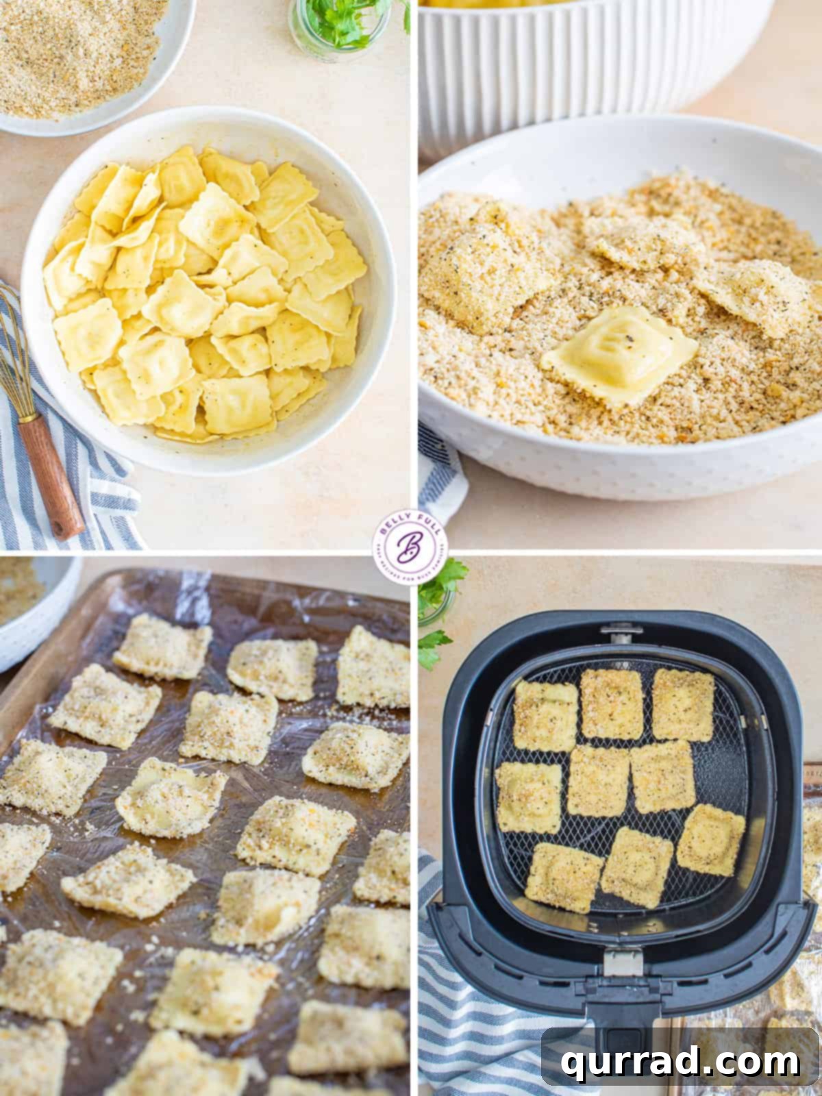 Crispy Air Fryer Ravioli Bites 5 A four-image collage demonstrating the step-by-step process of making air fryer toasted ravioli appetizer, from breading to frying.
