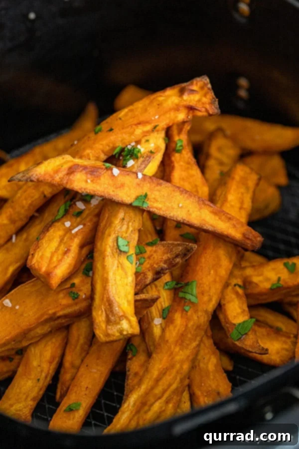 Crispy Sweet Potato Fries Air Fryer or Oven 2 Perfectly cooked sweet potato fries resting in an air fryer basket, showcasing their golden-brown hue and crispy texture.