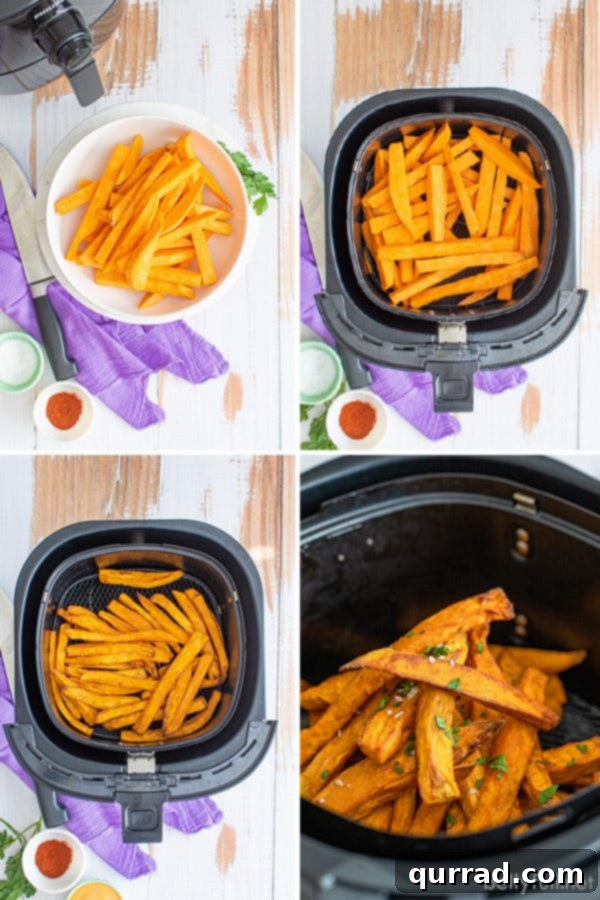 Crispy Sweet Potato Fries Air Fryer or Oven 3 A four-picture collage demonstrating the preparation steps for homemade sweet potato fries, from peeling and cutting to seasoning, before they are cooked.