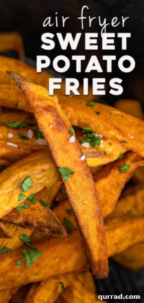 Crispy Sweet Potato Fries Air Fryer or Oven 6 A vibrant Pinterest pin graphic for this sweet potato fries recipe, highlighting both air fryer and oven cooking methods, perfect for saving and sharing.