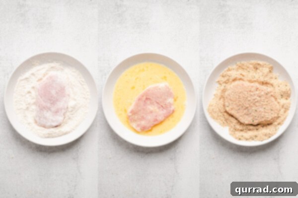 Step-by-step images of pork chops being dredged in flour, egg wash, and breadcrumbs