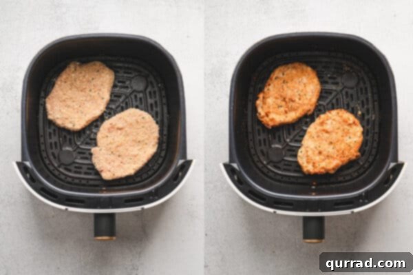 Breading uncooked and cooked pork chops inside an air fryer basket