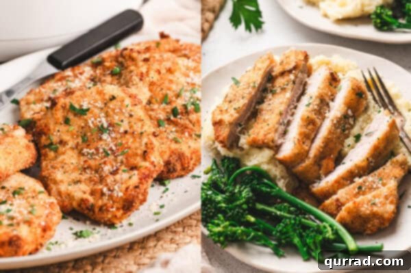 Whole and sliced breaded air fryer pork chops arranged on a plate with garnishes