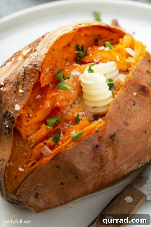Sweet Potato Perfection 3 close up of baked sweet potato with melted butter and a sprinkle of chopped parsley