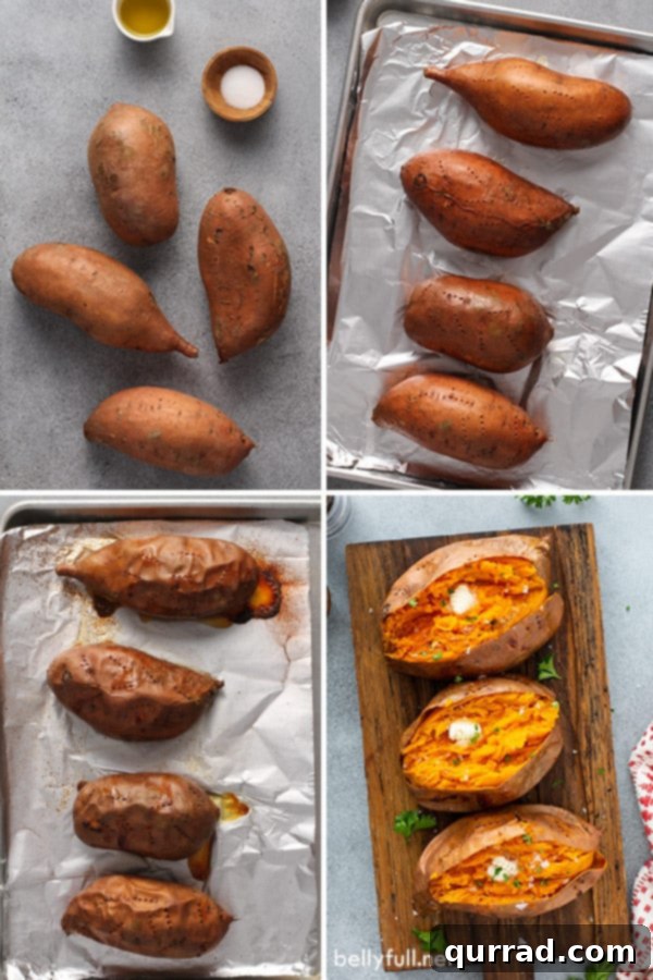 Sweet Potato Perfection 4 4 picture collage steps for how to bake sweet potatoes