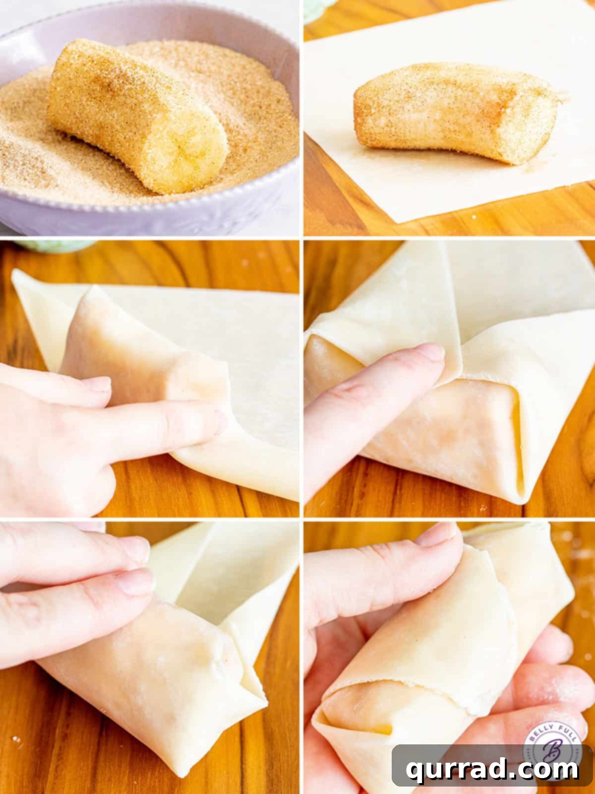 Crispy Air-Fried Banana Rolls 4 A step-by-step visual guide showing how to prepare Air Fryer Banana Spring Rolls, from peeling bananas to rolling them in wrappers.