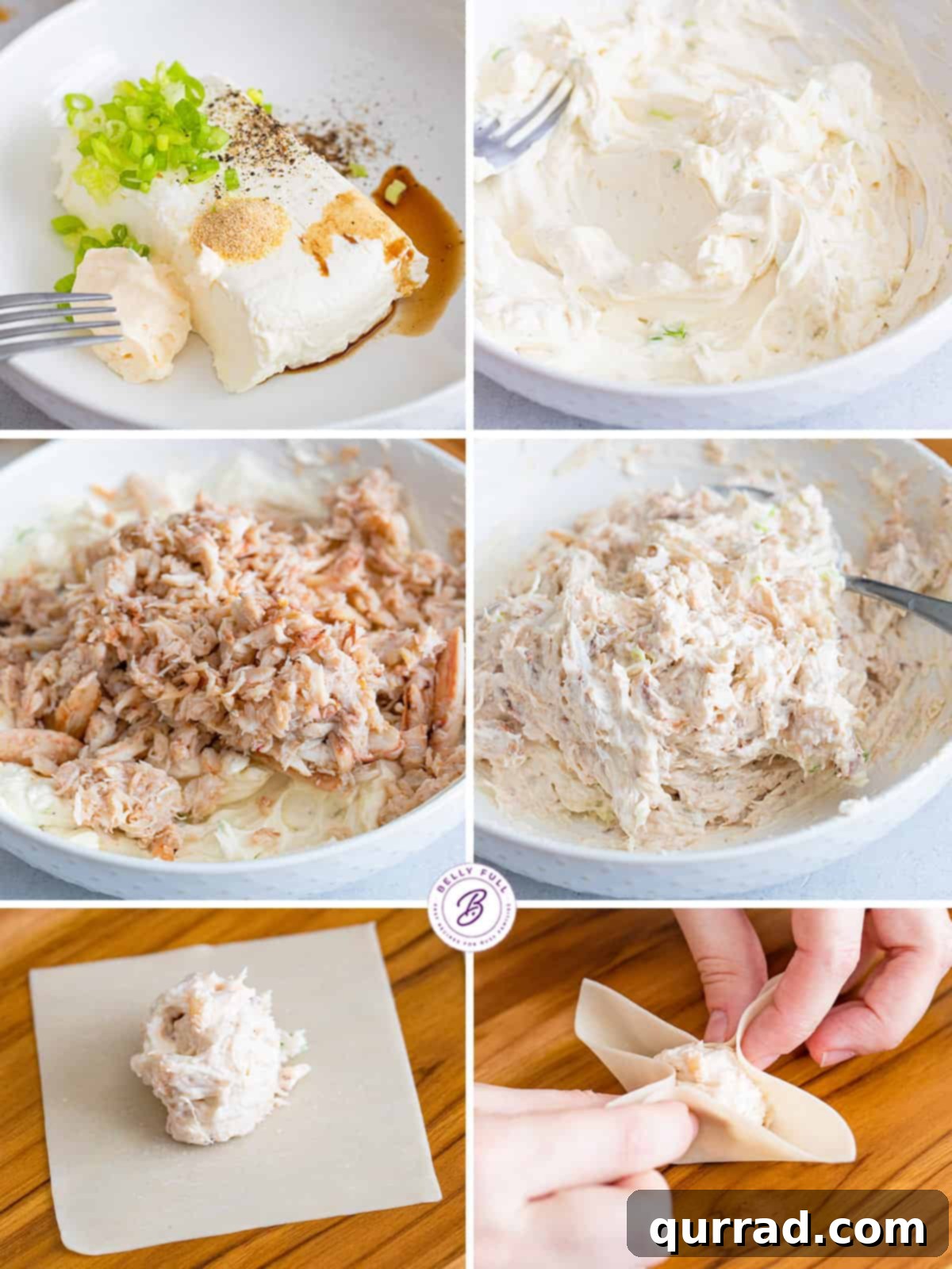 Six-image step-by-step visual guide on how to prepare and fold crab rangoon, from mixing the filling to creating the perfectly shaped wonton.