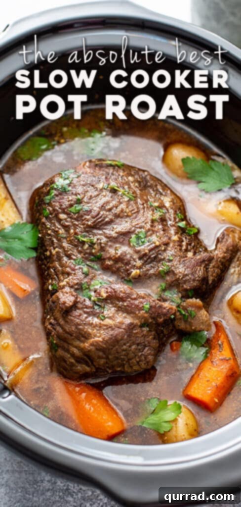 Melt in Your Mouth Slow Cooker Pot Roast 8 Pinterest pin image for Slow Cooker Pot Roast, showing the finished dish.