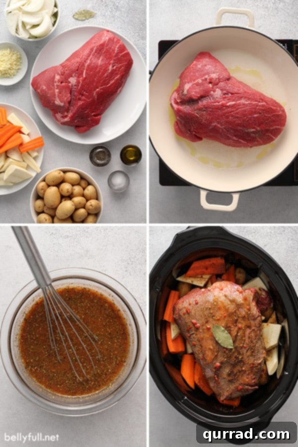 Melt in Your Mouth Slow Cooker Pot Roast 4 Four-picture collage showing step-by-step preparation and cooking of slow cooker pot roast.