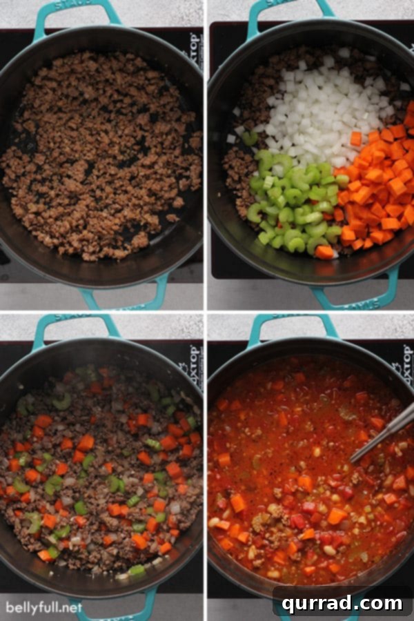 Homemade Olive Garden Pasta Fagioli Soup 4 A four-picture collage showing the step-by-step process of making pasta and beans stew.