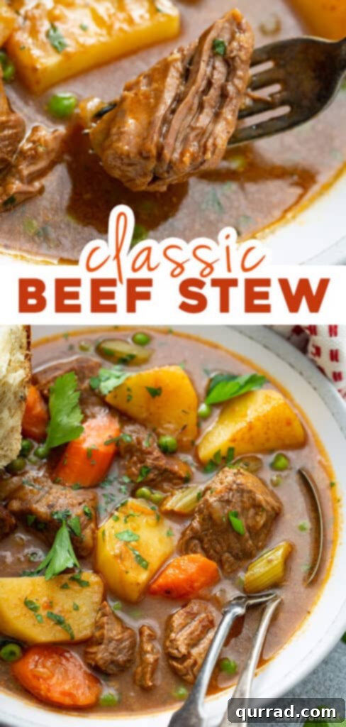 Two-picture collage pin for beef stew recipe, showcasing the deliciousness.