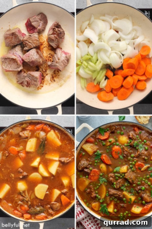 A four-picture collage showcasing various stages of beef stew preparation, from ingredients to finished dish.