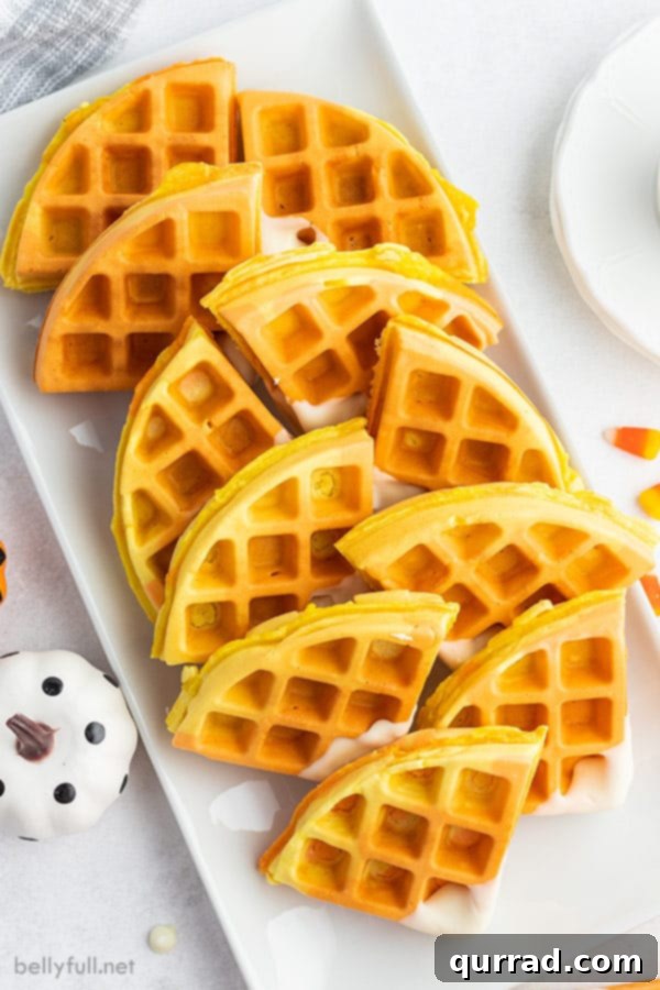 Overhead view of a white serving tray laden with golden yellow and orange Candy Corn Waffles, each triangle dipped in white chocolate, ready for a delicious Halloween breakfast.