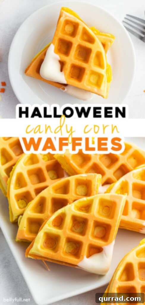 Pinterest pin graphic for Halloween Candy Corn Waffles, showcasing a stack of the festive, colorful waffles ready to be shared.