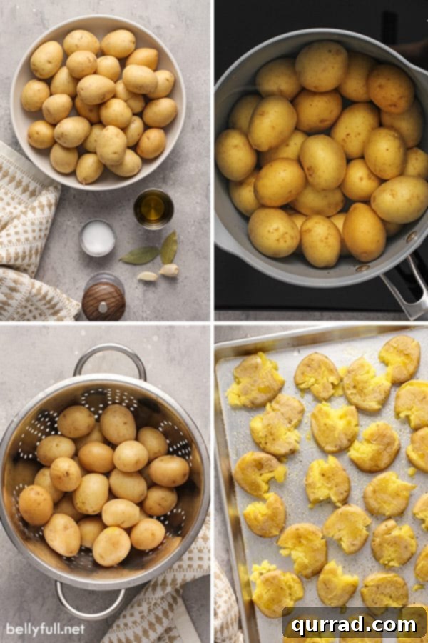 Golden Crispy Smashed Potatoes 4 A four-picture collage displaying the fresh ingredients required for crispy smashed potatoes, including baby potatoes, olive oil, and herbs.