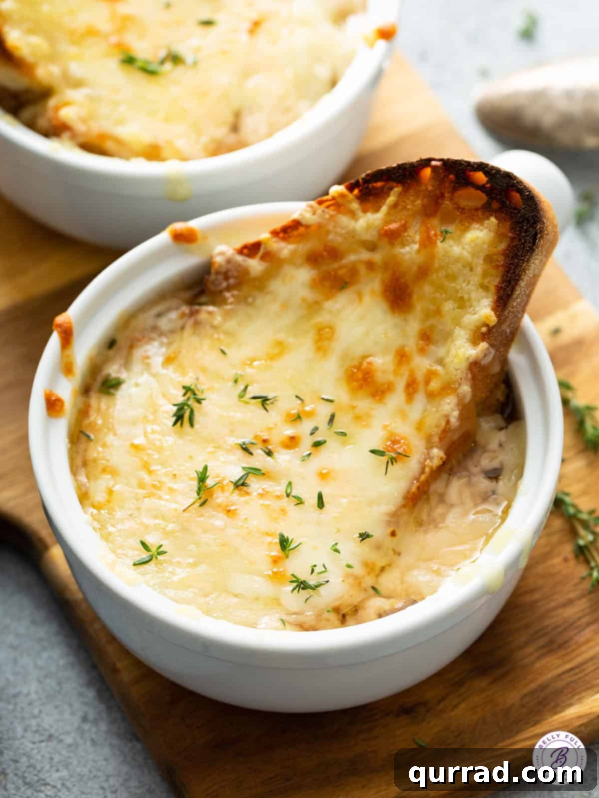 overhead soup bowl with melted cheese covered bread
