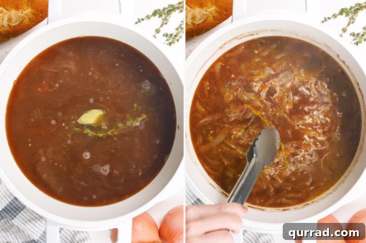 french onion soup simmering in pot