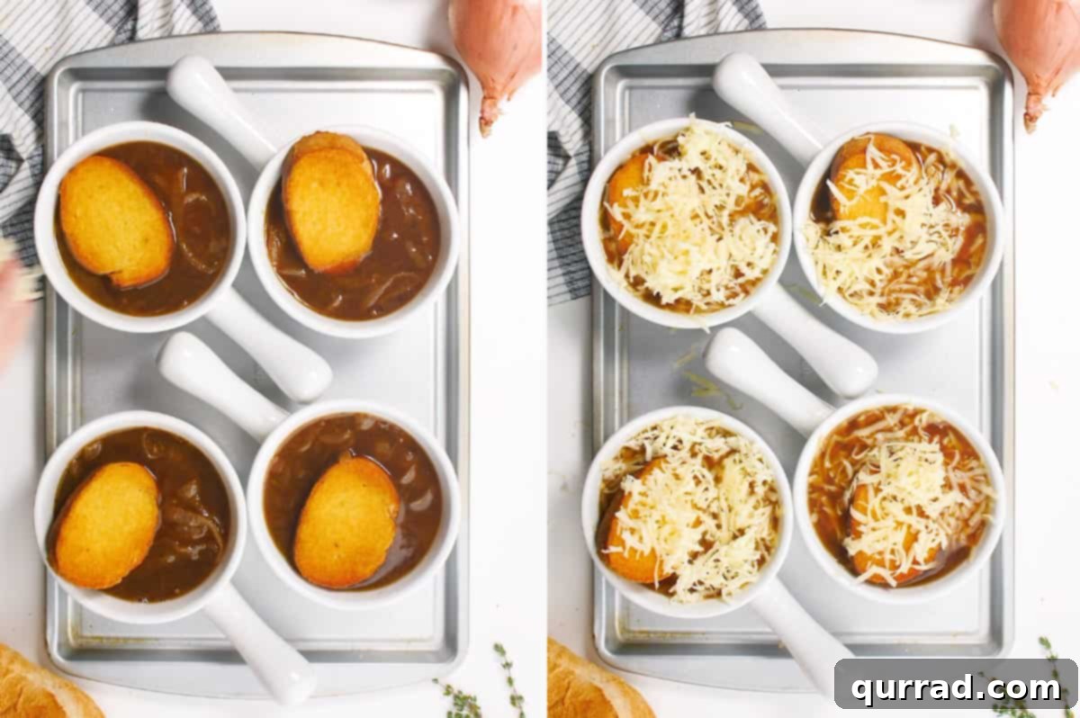 French onion soup with french bread slices topped with cheese