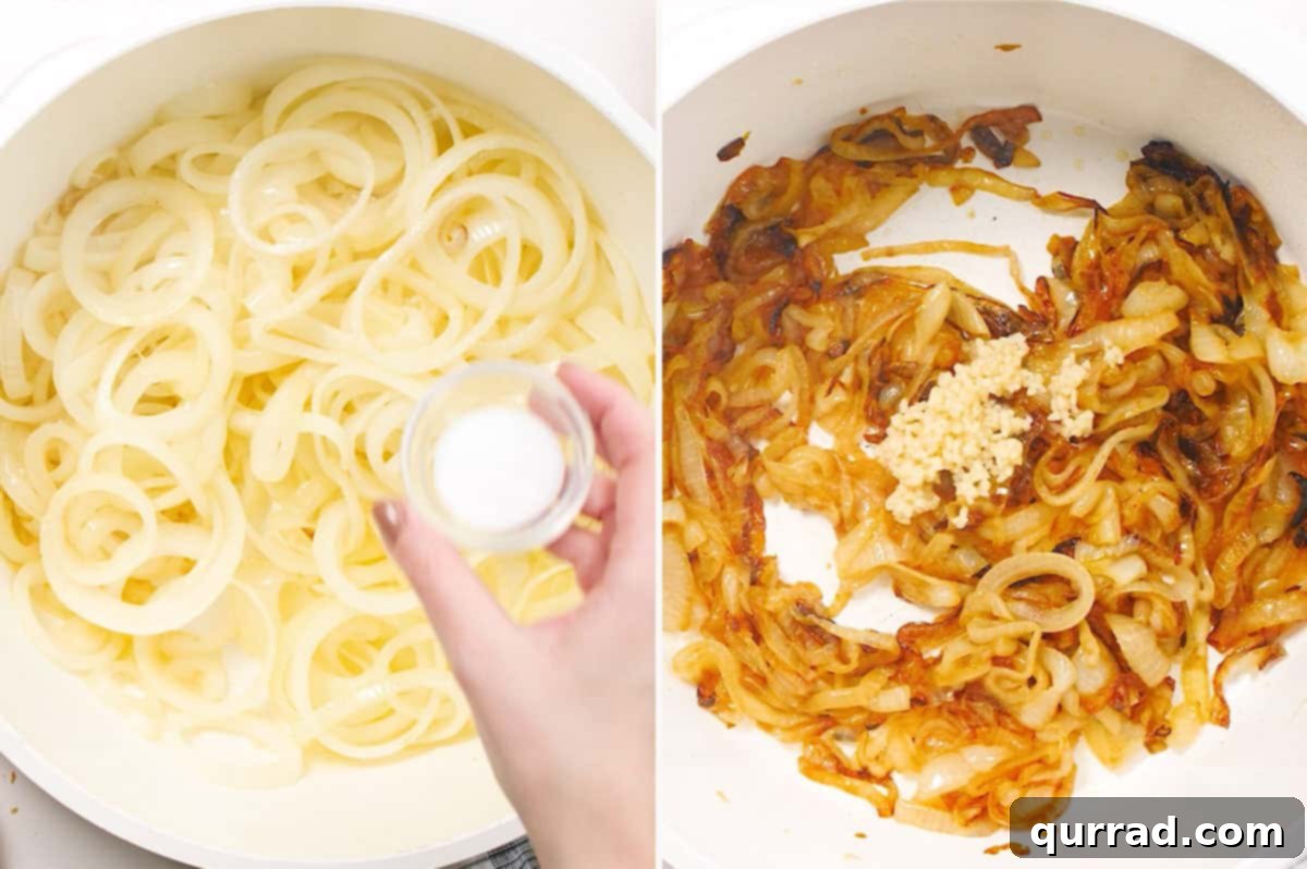 caramelized onions in pot with minced garlic