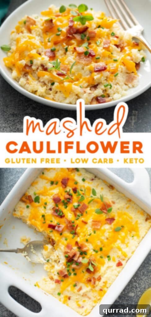 Ultimate Loaded Cauliflower Bake 7 Two side-by-side pictures showcasing the finished mashed cauliflower casserole with crispy bacon and fresh chives, ideal for sharing on social media platforms like Pinterest.