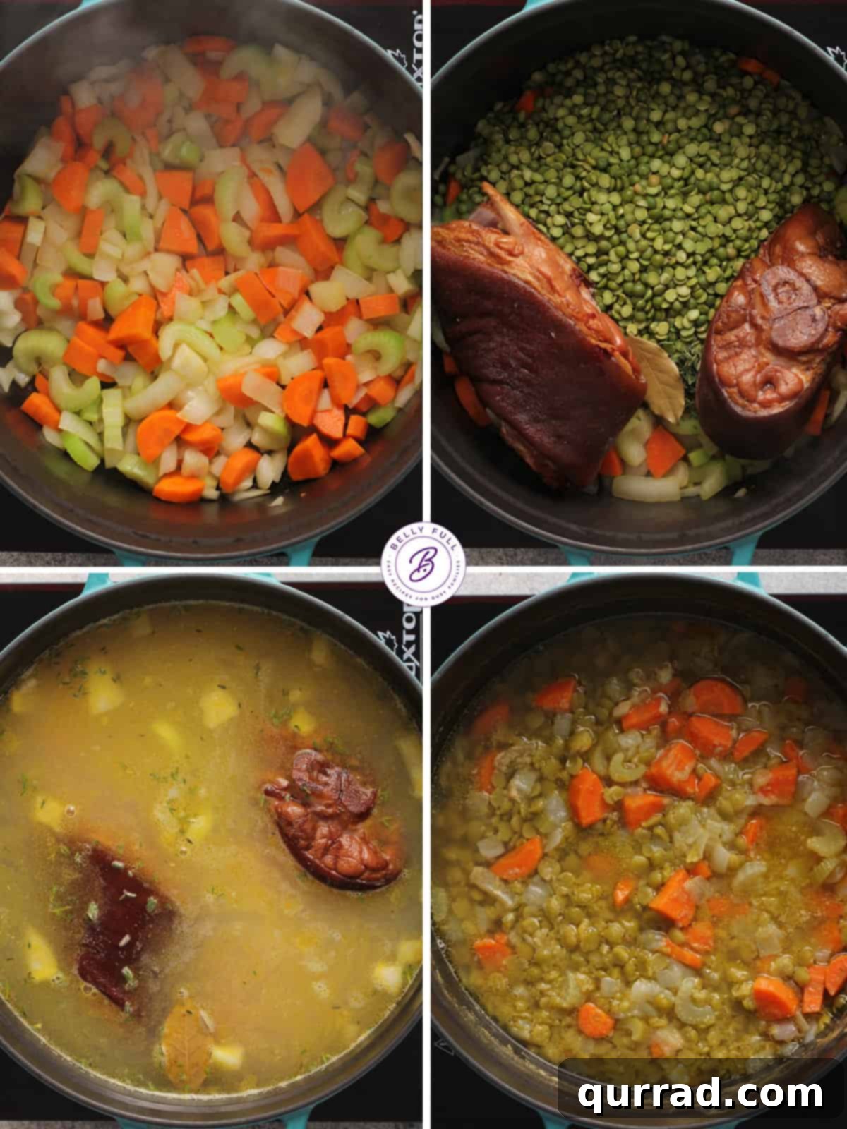 Emerald Comfort Soup 4 Collage of four images showing the step-by-step process of making split pea soup