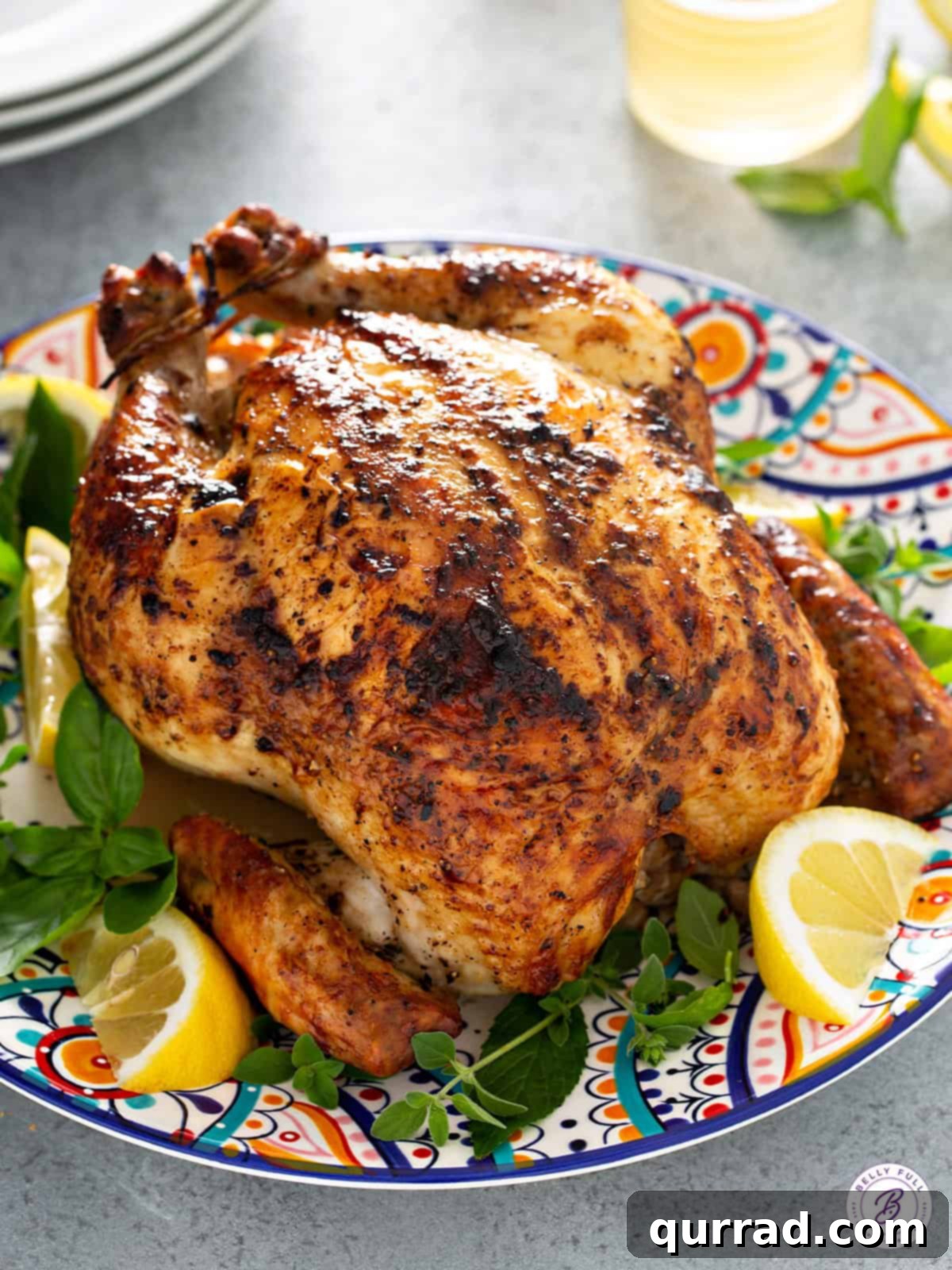 whole roast chicken on serving platter