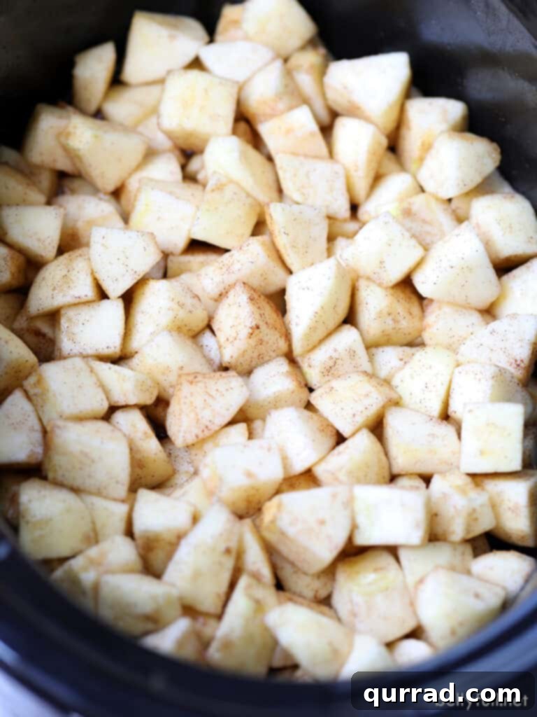 Apple Bliss from Scratch 3 Diced apples, generously sprinkled with cinnamon, nestled in a slow cooker, ready for cooking.