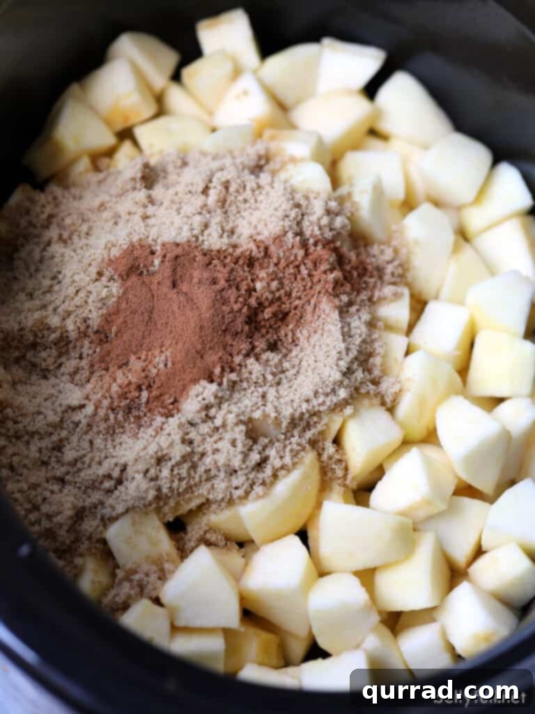Apple Bliss from Scratch 4 Close-up of diced apples, brown sugar, and cinnamon layered in a slow cooker before mixing and cooking.