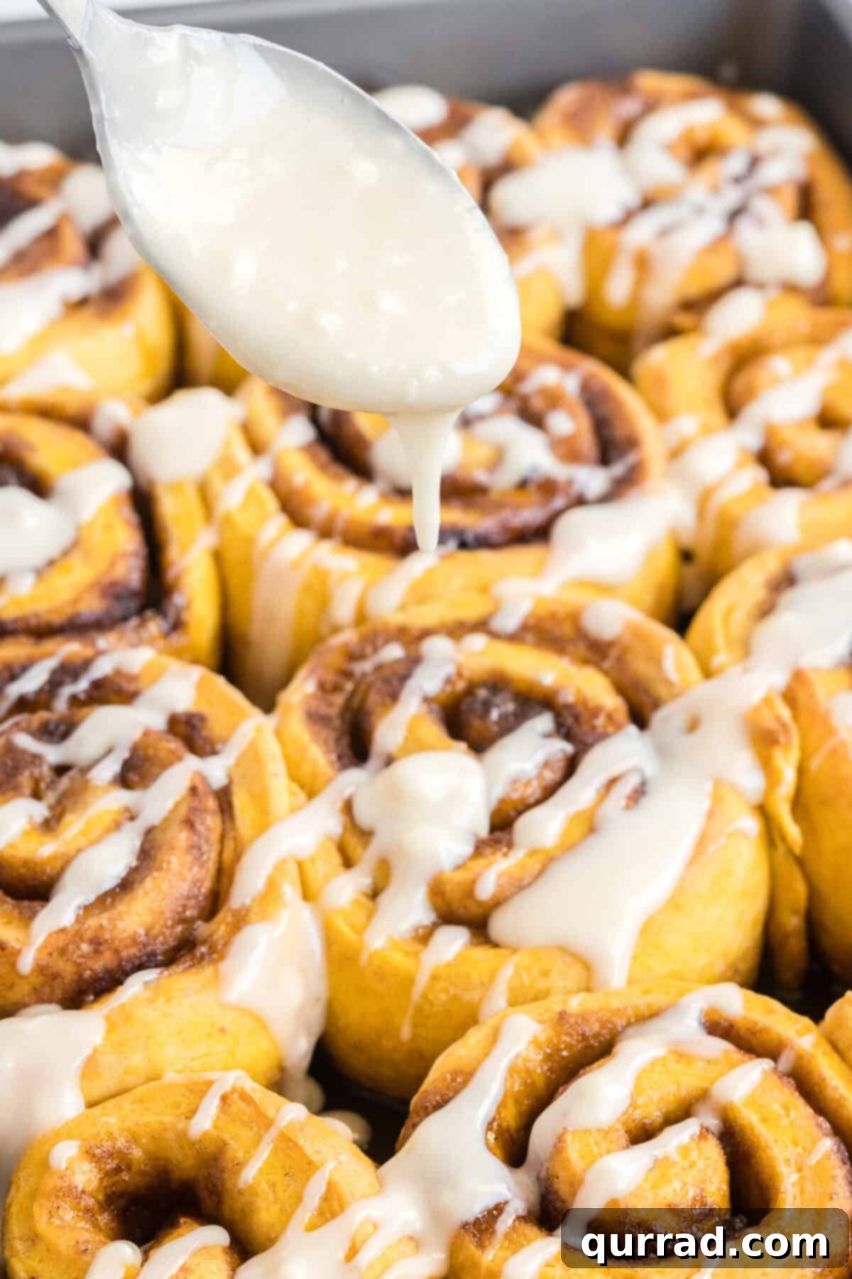 Autumn Spice Pumpkin Rolls 11 A close-up shot of vanilla cream cheese icing being generously drizzled over warm pumpkin cinnamon rolls in a baking pan.