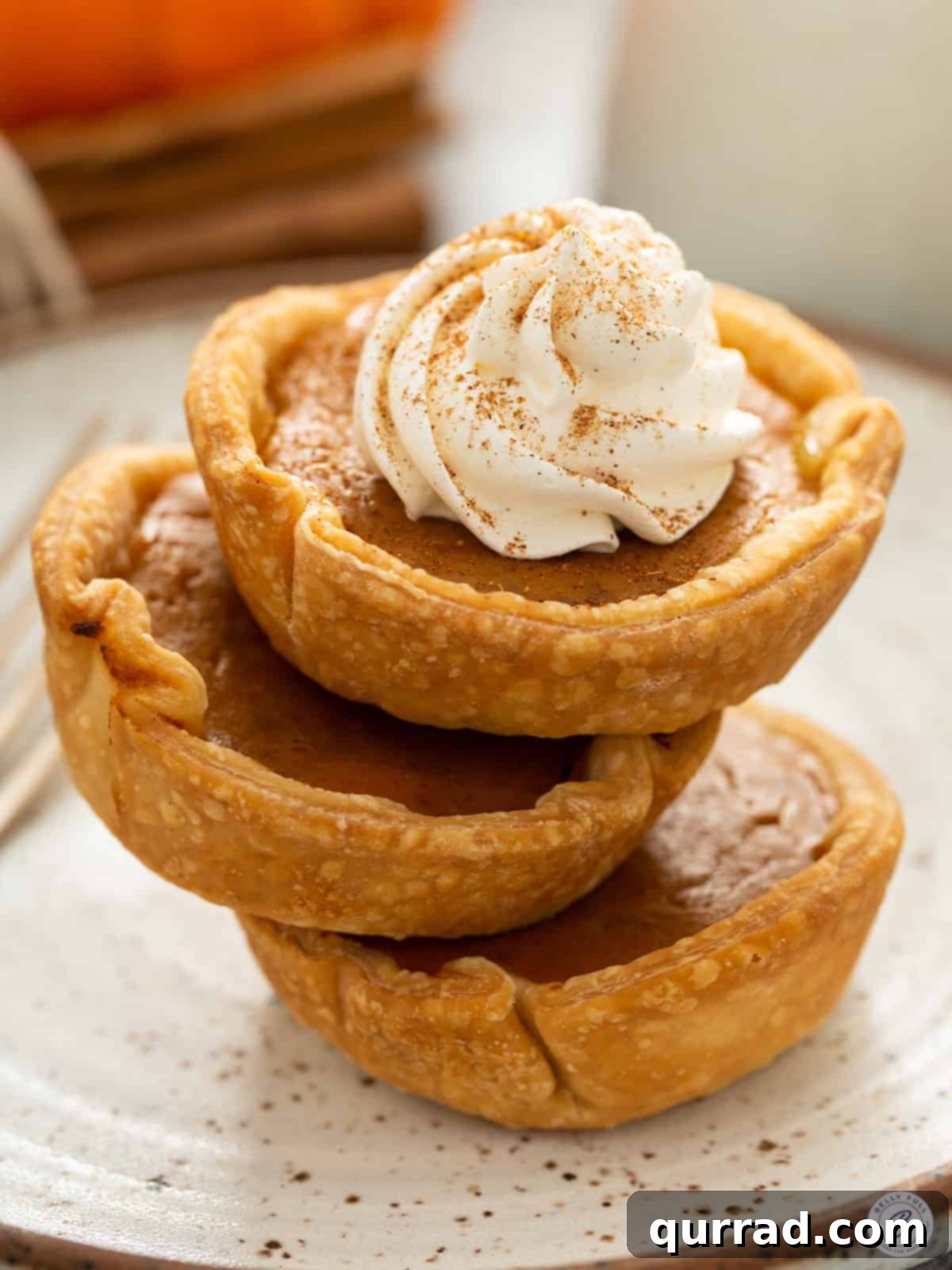 Bite-sized Pumpkin Delights 2 Stack of 3 Mini Pumpkin Pies, showcasing the perfect individual serving size and golden crust.