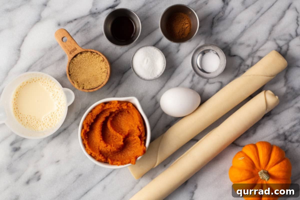Bite-sized Pumpkin Delights 4 Ingredients for Mini Pumpkin Pies laid out on a counter, including canned pumpkin, milk, sugar, and spices.