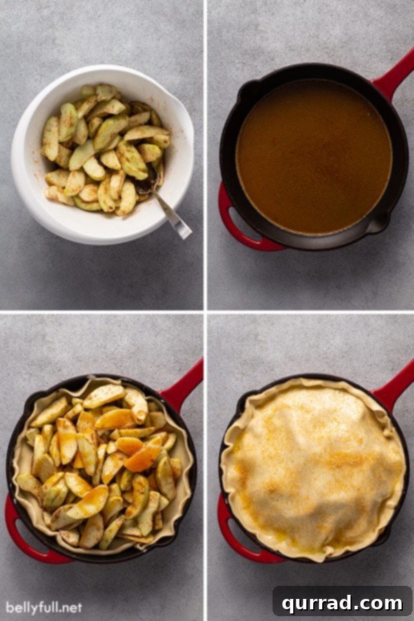 Four-picture collage showing step-by-step process of assembling skillet apple pie, from crust to apples to top crust
