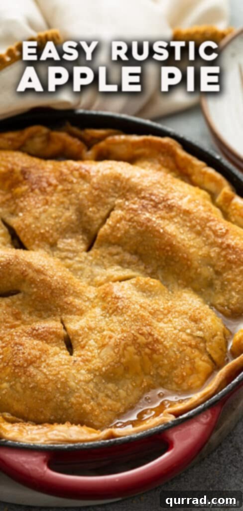 Pin for rustic cast iron skillet apple pie recipe, golden brown and perfectly baked