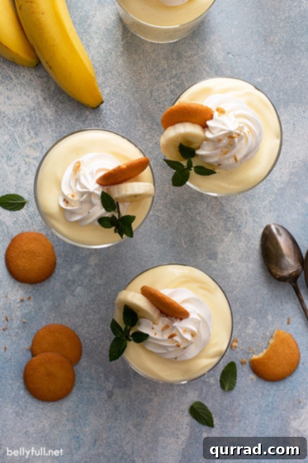 overhead of 3 parfait glasses filled with pudding and topped with whipped cream