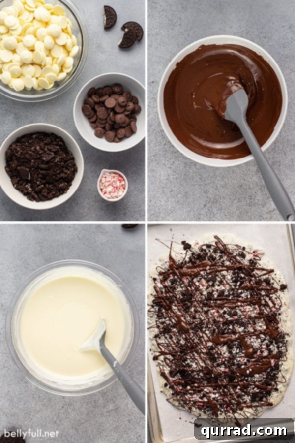 Arctic Mint Oreo Brittle 4 A four-picture collage demonstrating the process of making chocolate bark, from melting chocolate to spreading it on parchment paper and adding toppings, perfect for visual learners.