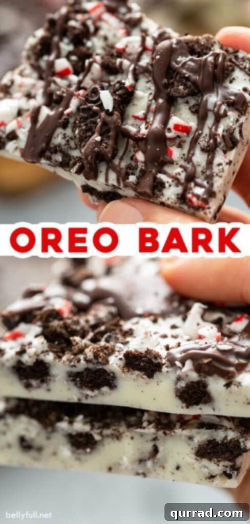 Arctic Mint Oreo Brittle 7 A two-picture Pinterest pin graphic for the Oreo Bark recipe, featuring two different angles of the finished bark, perfect for sharing on social media.