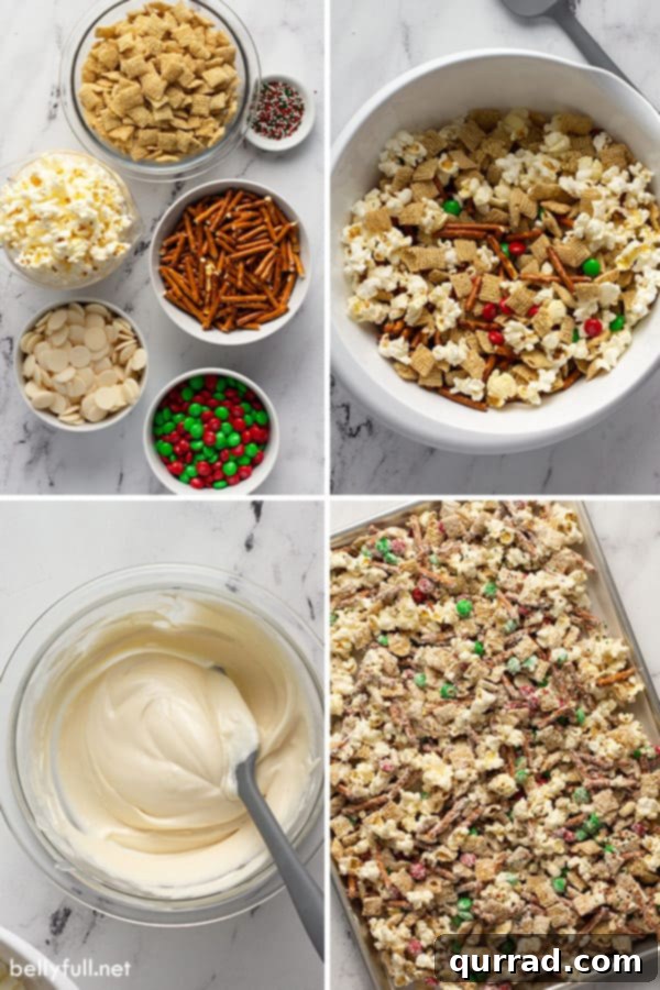 Christmas Reindeer Crunch 4 A four-picture collage demonstrating the process of making Reindeer Chow: combining ingredients, drizzling melted candy, spreading on a baking sheet, and the finished festive mix.